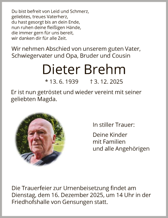 Todesanzeige von Dieter Brehm von HNA