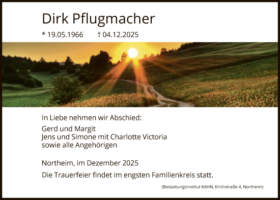 Todesanzeige von Dirk Pflugmacher von HNA