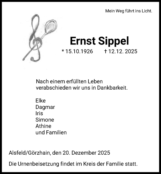 Todesanzeige von Ernst Sippel von HNA
