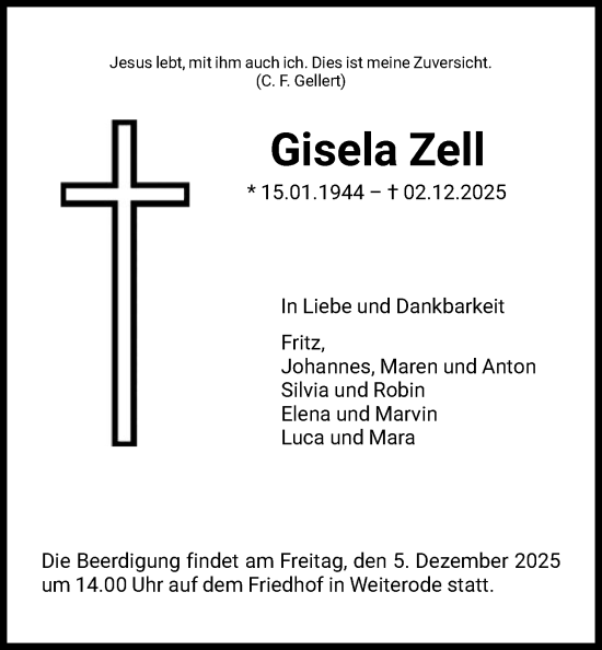 Todesanzeige von Gisela Zell von HNA