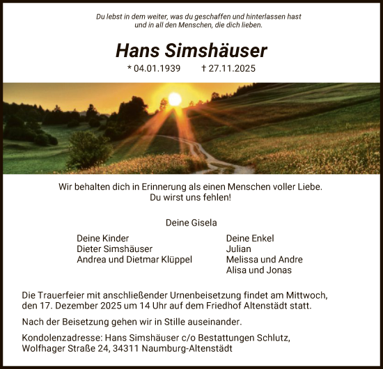 Todesanzeige von Hans Simshäuser von HNA
