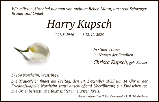 Todesanzeige von Harry Kupsch von HNA