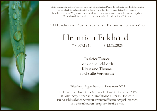 Todesanzeige von Heinrich Eckhardt von HNA