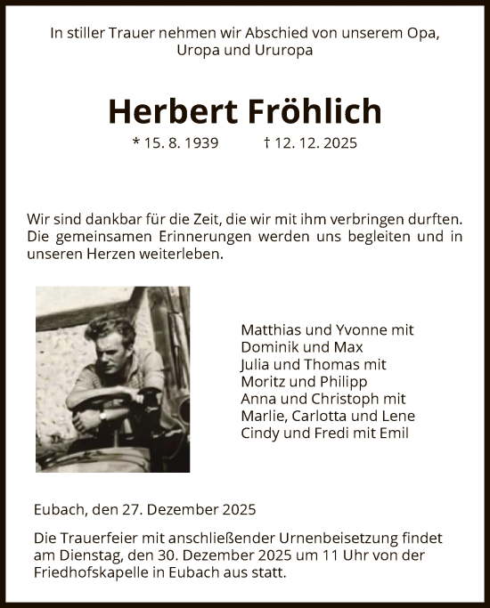 Todesanzeige von Herbert Fröhlich von HNA