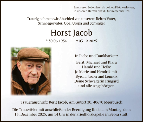 Todesanzeige von Horst Jacob von HNA