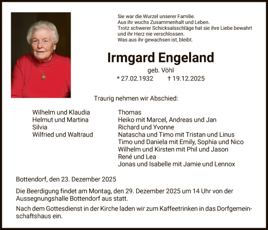 Todesanzeige von Irmgard Engeland von HNA
