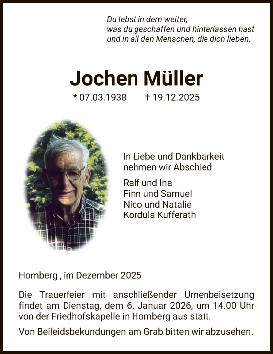 Todesanzeige von Jochen Müller von HNA