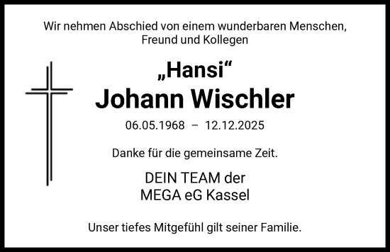Todesanzeige von Johann Wischler von HNA