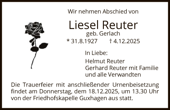 Todesanzeige von Liesel Reuter von HNA