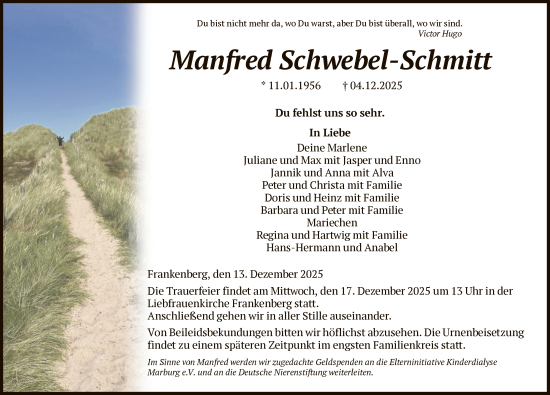 Todesanzeige von Manfred Schwebel-Schmitt von HNA