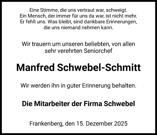 Todesanzeige von Manfred Schwebel-Schmitt von HNA