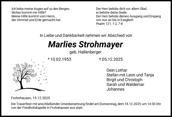 Todesanzeige von Marlies Strohmayer von HNA