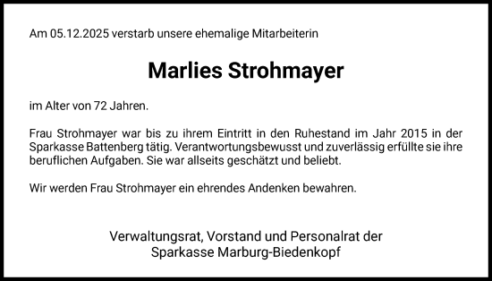 Todesanzeige von Marlies Strohmayer von HNA