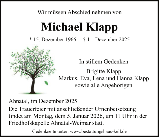 Todesanzeige von Michael Klapp von HNA