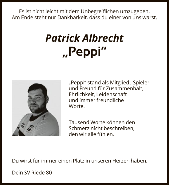 Todesanzeige von Patrick Albrecht von HNA