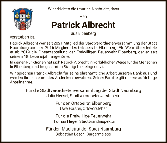 Todesanzeige von Patrick Albrecht von HNA