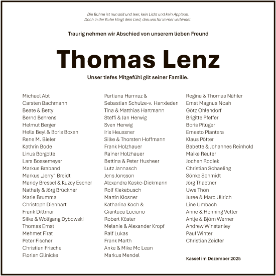 Todesanzeige von Thomas Lenz von HNA