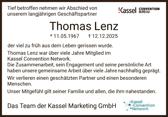Todesanzeige von Thomas Lenz von HNA