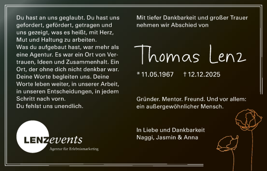 Todesanzeige von Thomas Lenz von HNA