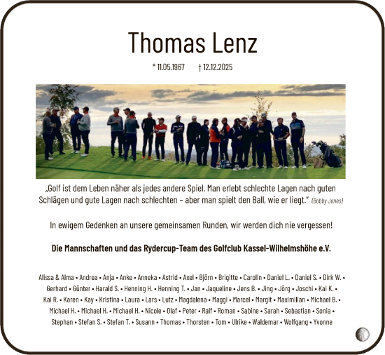 Todesanzeige von Thomas Lenz von HNA