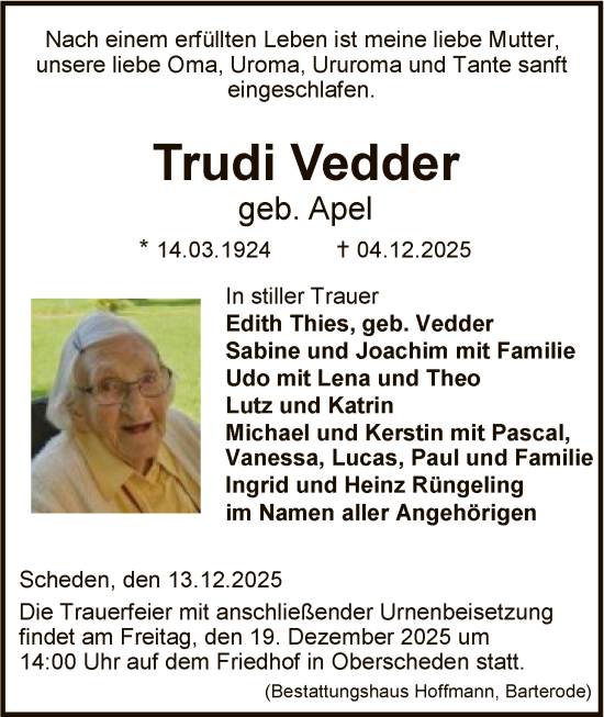Todesanzeige von Trudi Vedder von HNA