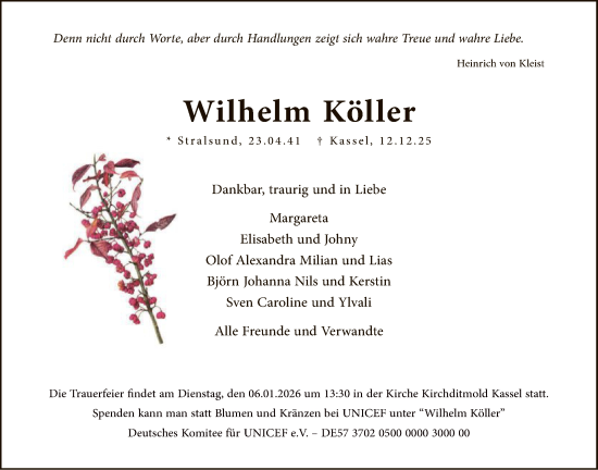 Todesanzeige von Wilhelm Köller von HNA