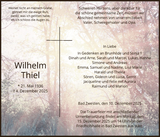 Todesanzeige von Wilhelm Thiel von HNA