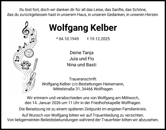 Todesanzeige von Wolfgang Kelber von HNA