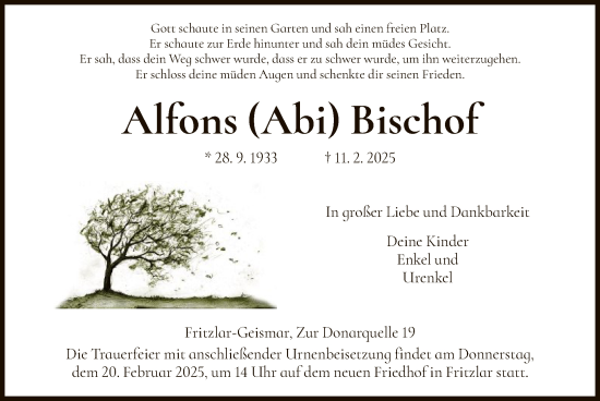 Todesanzeige von Alfons Bischof von HNA