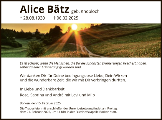 Todesanzeige von Alice Bätz von HNA