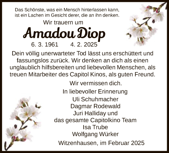 Todesanzeige von Amadou Diop von HNA