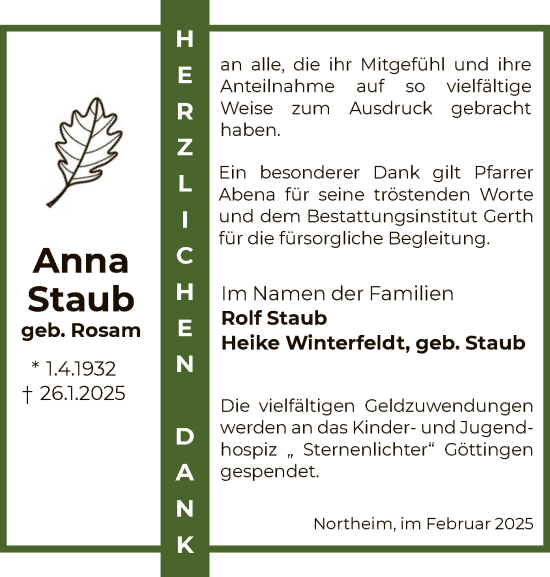 Todesanzeige von Anna Staub von HNA