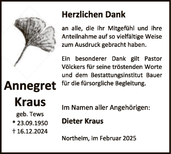 Todesanzeige von Annegret Kraus von HNA