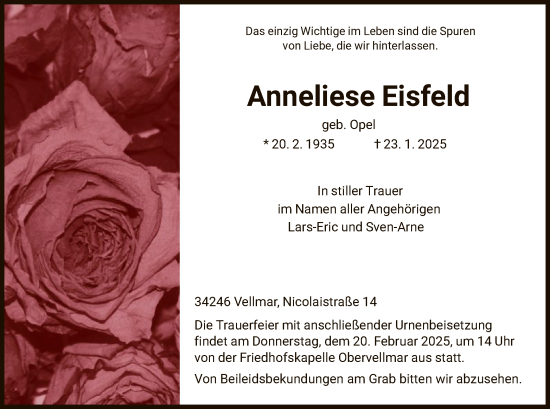 Todesanzeige von Anneliese Eisfeld von HNA