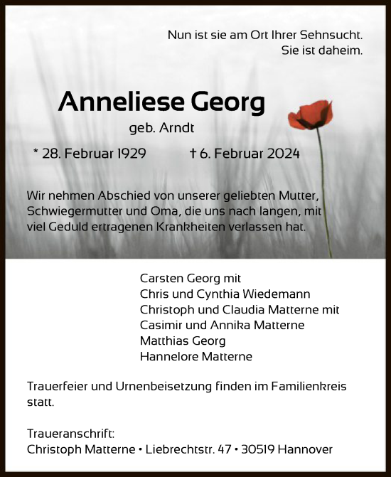 Todesanzeige von Anneliese Georg von HNA