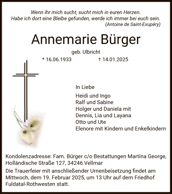 Todesanzeige von Annemarie Bürger von HNA