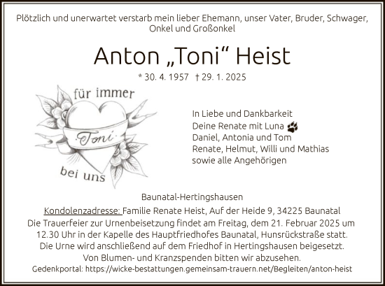 Todesanzeige von Anton Heist von HNA