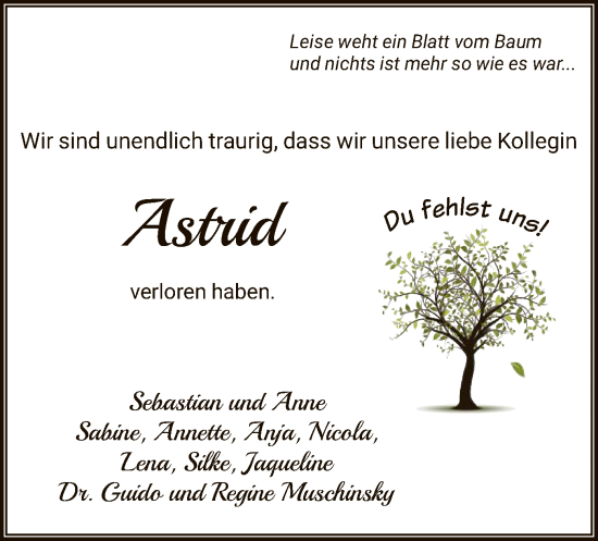 Todesanzeige von Astrid  von HNA