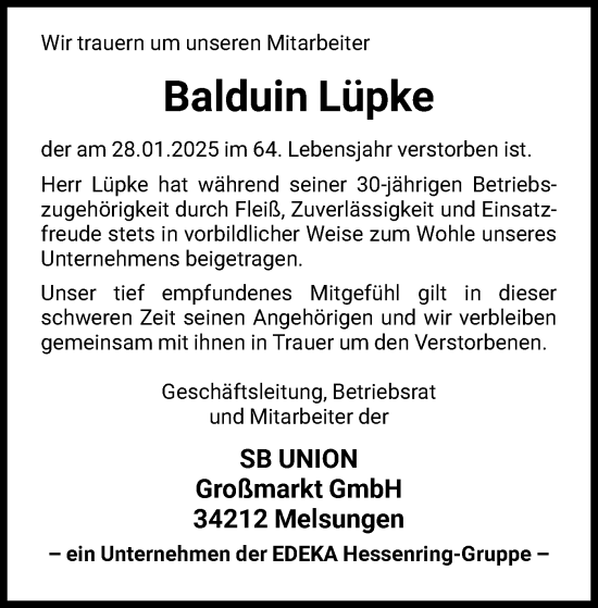 Todesanzeige von Balduin Lüpke von HNA