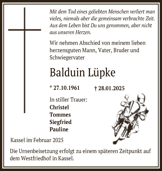 Todesanzeige von Balduin Lüpke von HNA