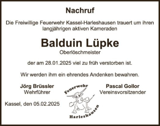 Todesanzeige von Balduin Lüpke von HNA