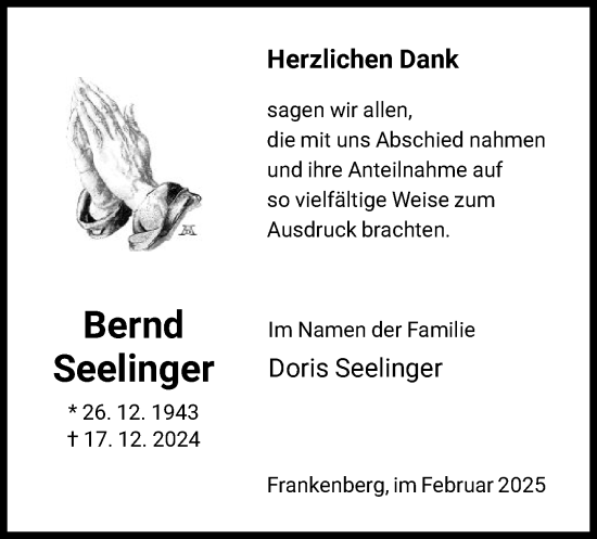 Todesanzeige von Bernd Seelinger von HNA