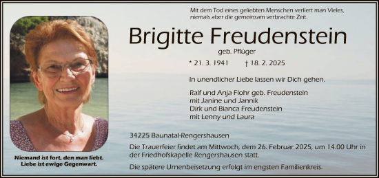 Todesanzeige von Brigitte Freudenstein von HNA
