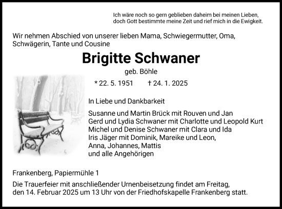 Todesanzeige von Brigitte Schwaner von HNA
