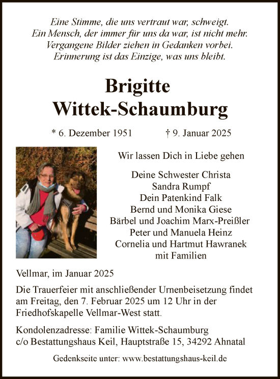 Todesanzeige von Brigitte Wittek-Schaumburg von HNA