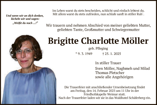 Todesanzeige von Brigitte Charlotte Möller von HNAHNA