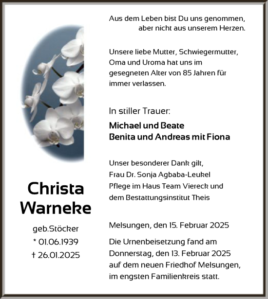 Todesanzeige von Christa Warneke von HNA