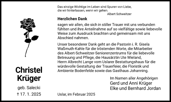 Todesanzeige von Christel Krüger von HNA
