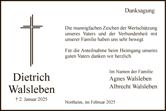Todesanzeige von Dietrich Walsleben von HNA