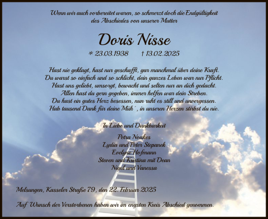 Todesanzeige von Doris Nisse von HNA